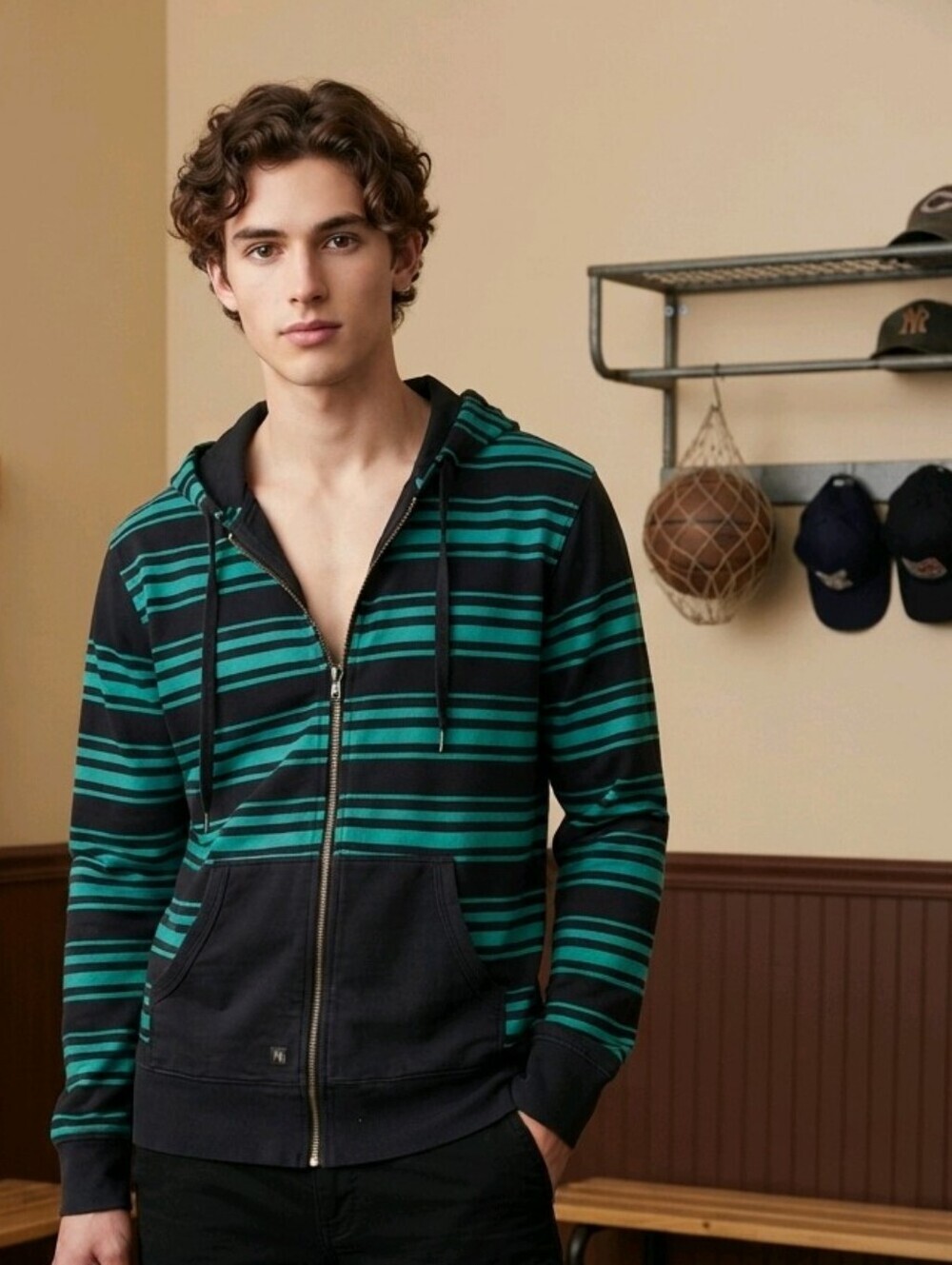 Super RARE 1990s Y2K Men's Mambo Black & Green Striped Full-Zip Hoodie EUC Sz L
